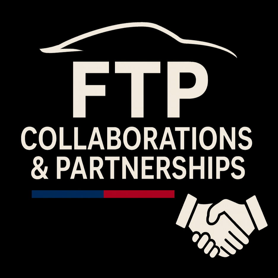 Logo with text "FTP Collaborations & Partnerships" and a handshake icon, with a stylized line above and a red and blue bar below.