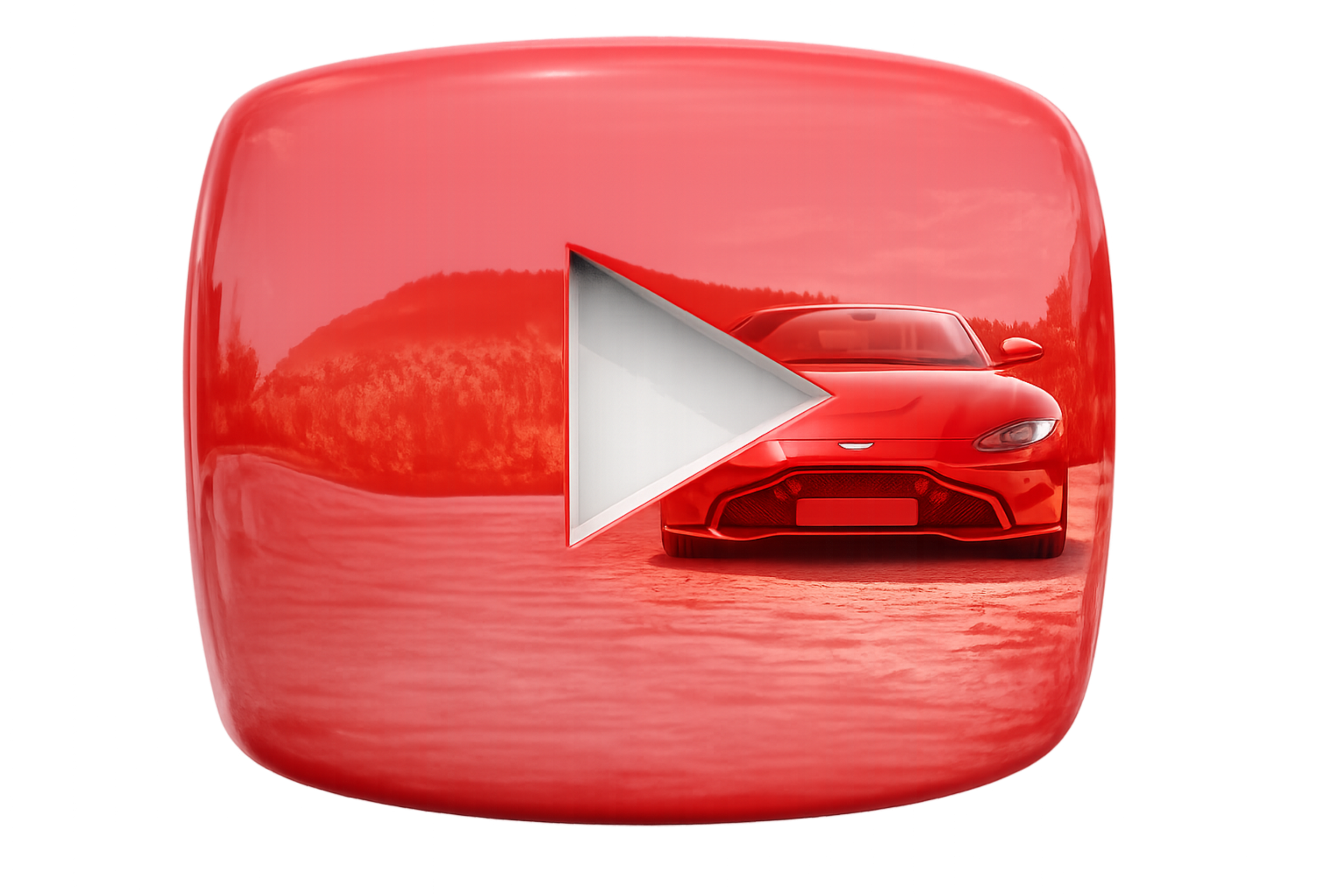 YouTube play button icon with a car image inside, featuring a red sports car on a waterfront, inside a red rounded square.