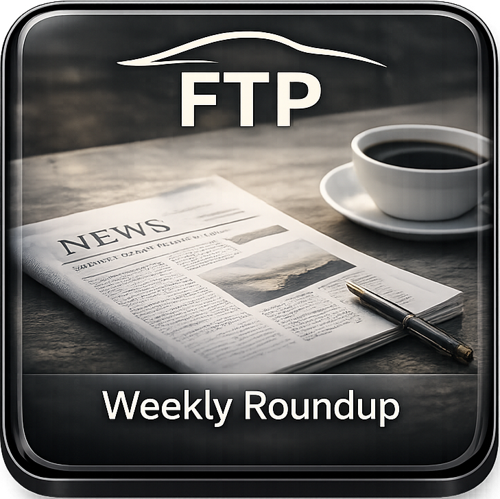 A cup of black coffee, a newspaper titled 'NEWS', and a pen on a wooden table, with 'FTP Weekly Roundup' text at the bottom.