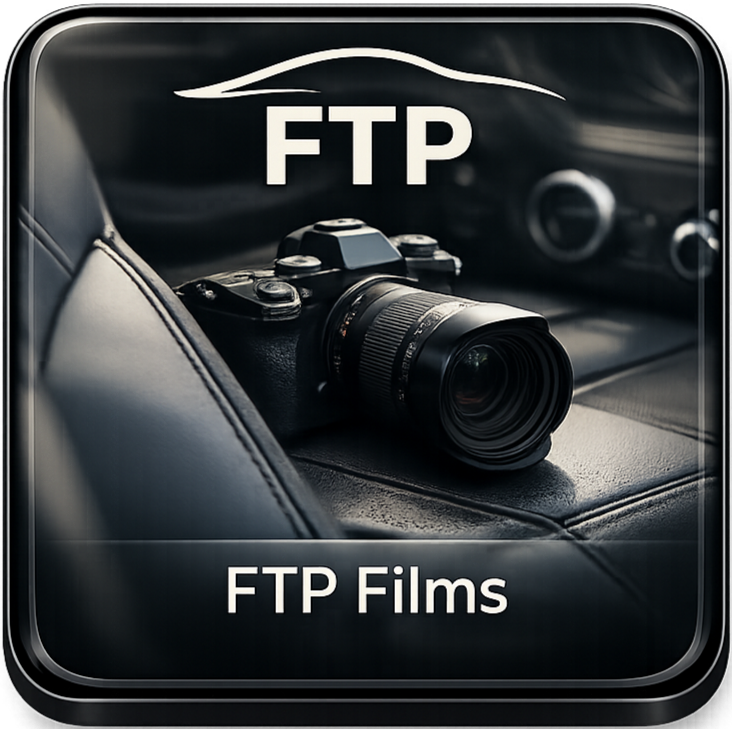A digital icon featuring a camera placed on a car seat, with the text 'FTP' above and 'FTP Films' below.