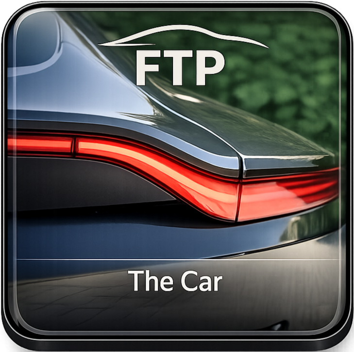 Close-up of the rear of a black luxury car with red tail lights, showing the text 'FTP' and 'The Car' on the image.