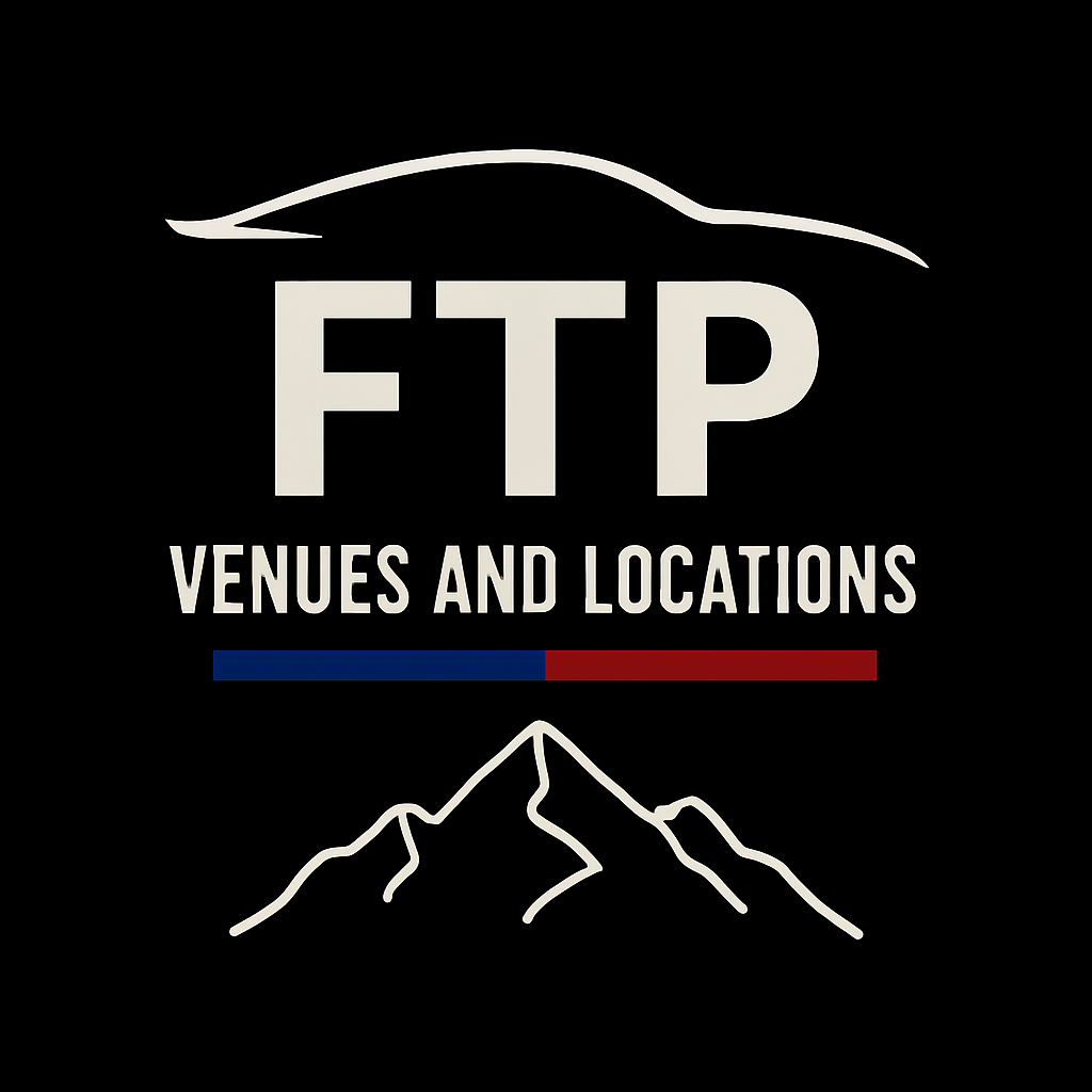 Logo for FTP Venues and Locations featuring featuring a car outline, a mountain graphic, the name 'FTP', and a red and blue line.