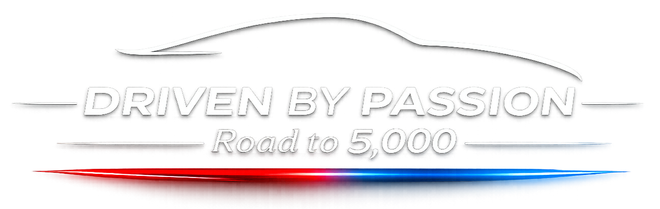 Logo with stylized car silhouette and slogan 'Driven by Passion, Road to 5,000' with red and blue light streaks.