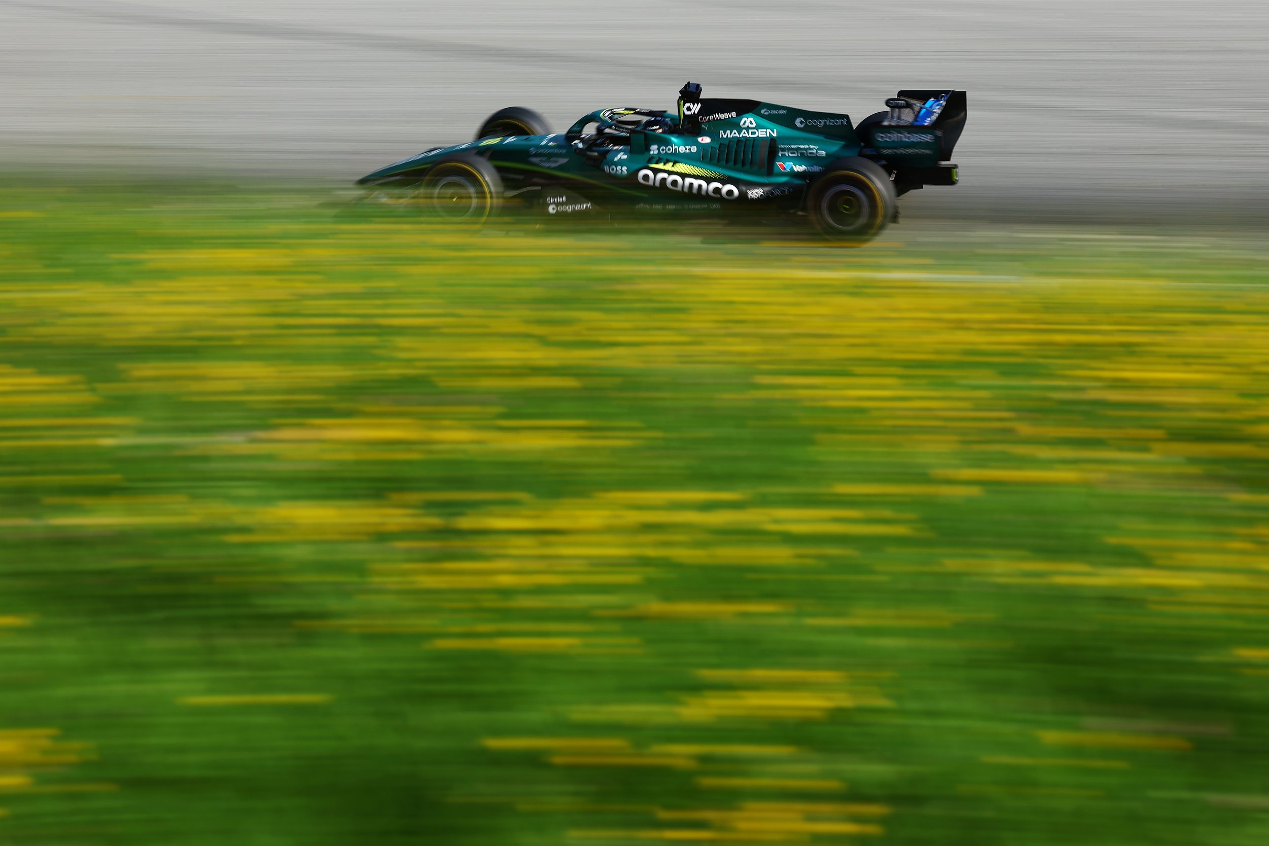 A Formula 1 race car speeding down the track among yellow flowers, with a motion blur background.