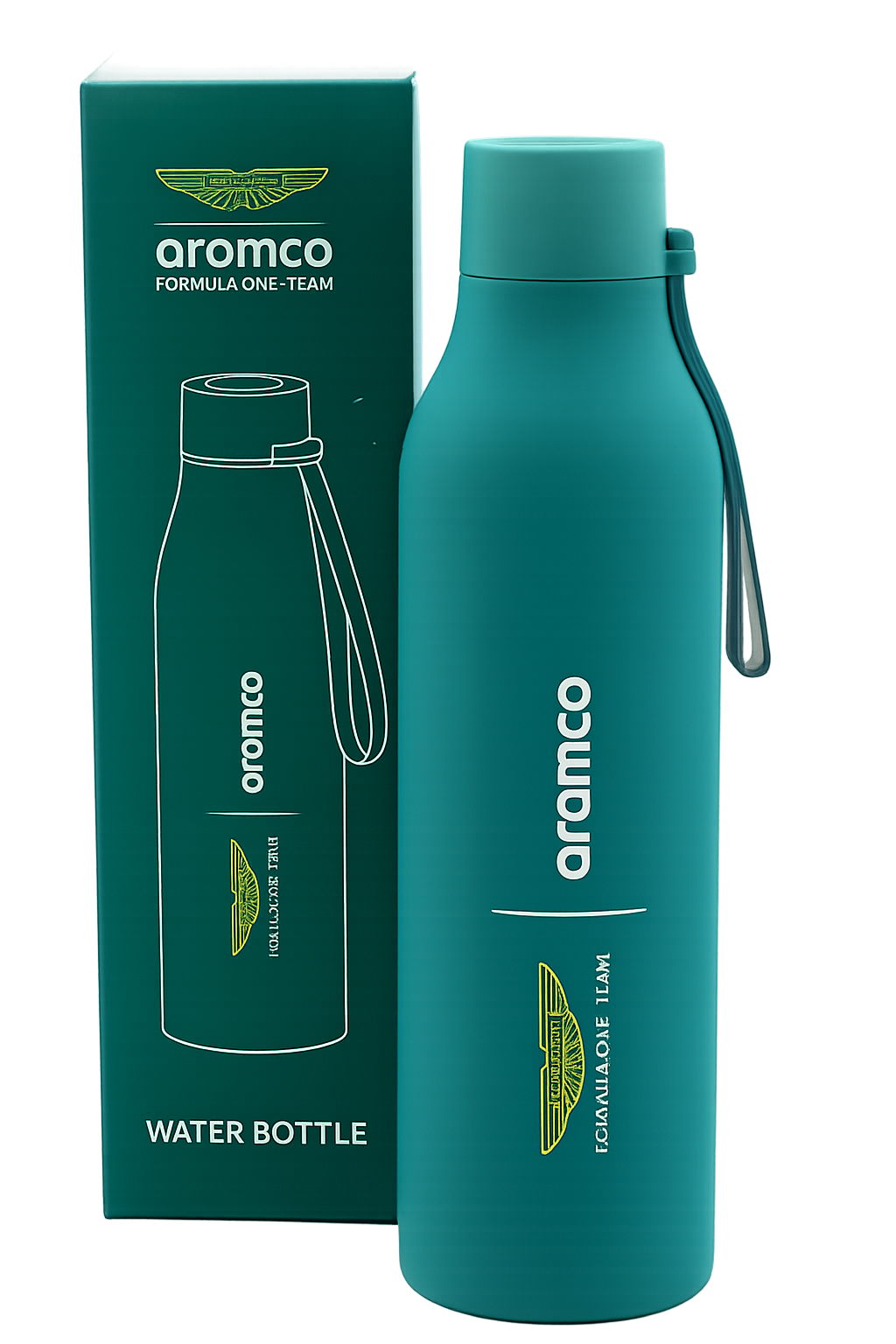 A teal-colored water bottle with a side loop handle, standing next to its matching box with similar design. Both display the brand name 'aramco' and Aston Martin logo.