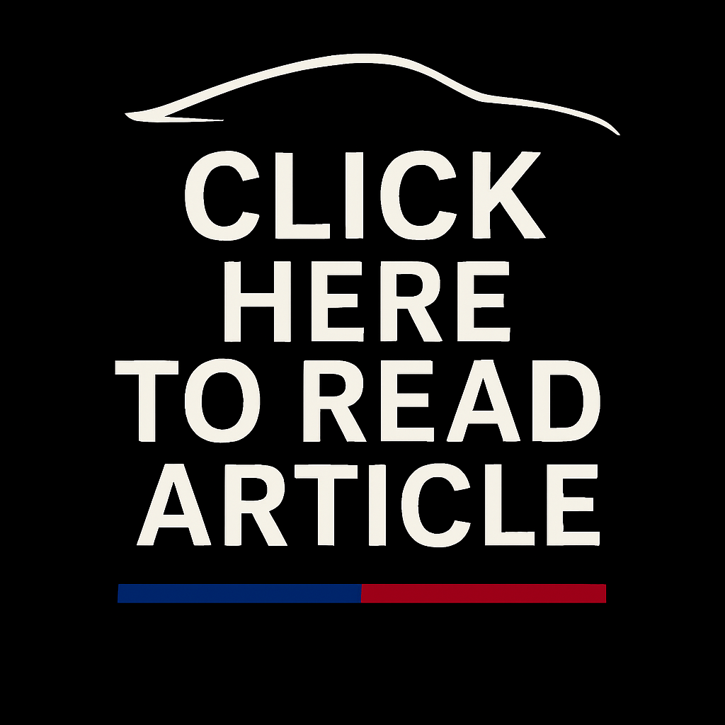 Sign with the text 'Click here to read article' on a black background, featuring a white car outline at the top and a red and blue line at the bottom.