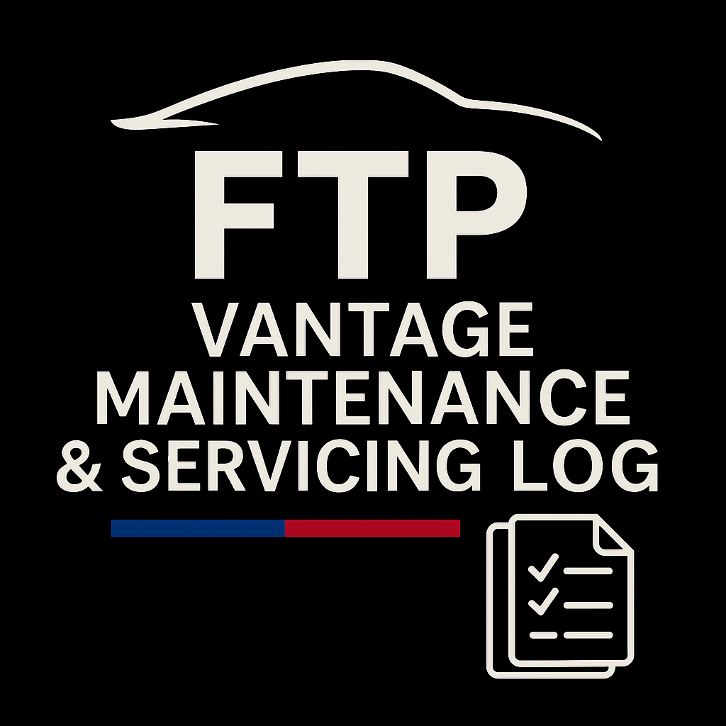 Logo for FTP Vantage Maintenance & Servicing Log, featuring a car outline, a checklist icon, and a color bar with blue and red segments.