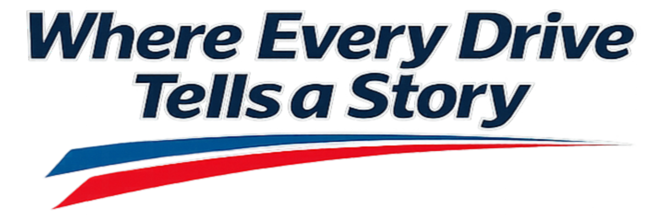 The logo for 'Where Every Drive Tells a Story' featuring red, white, and blue curved lines underneath the text.