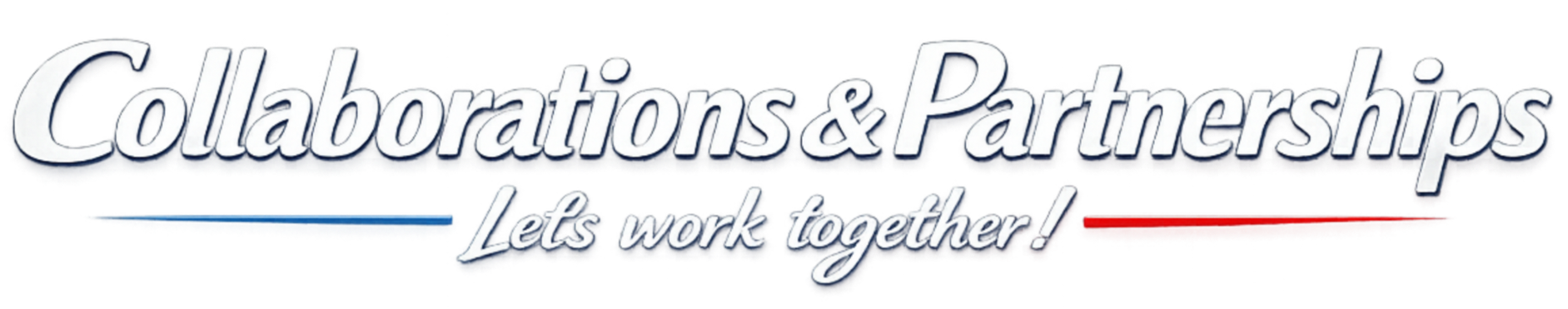 Logo with the text 'Collaborations & Partnerships' in large font and 'Let's work together!' in smaller font below, with blue and red underline accents.
