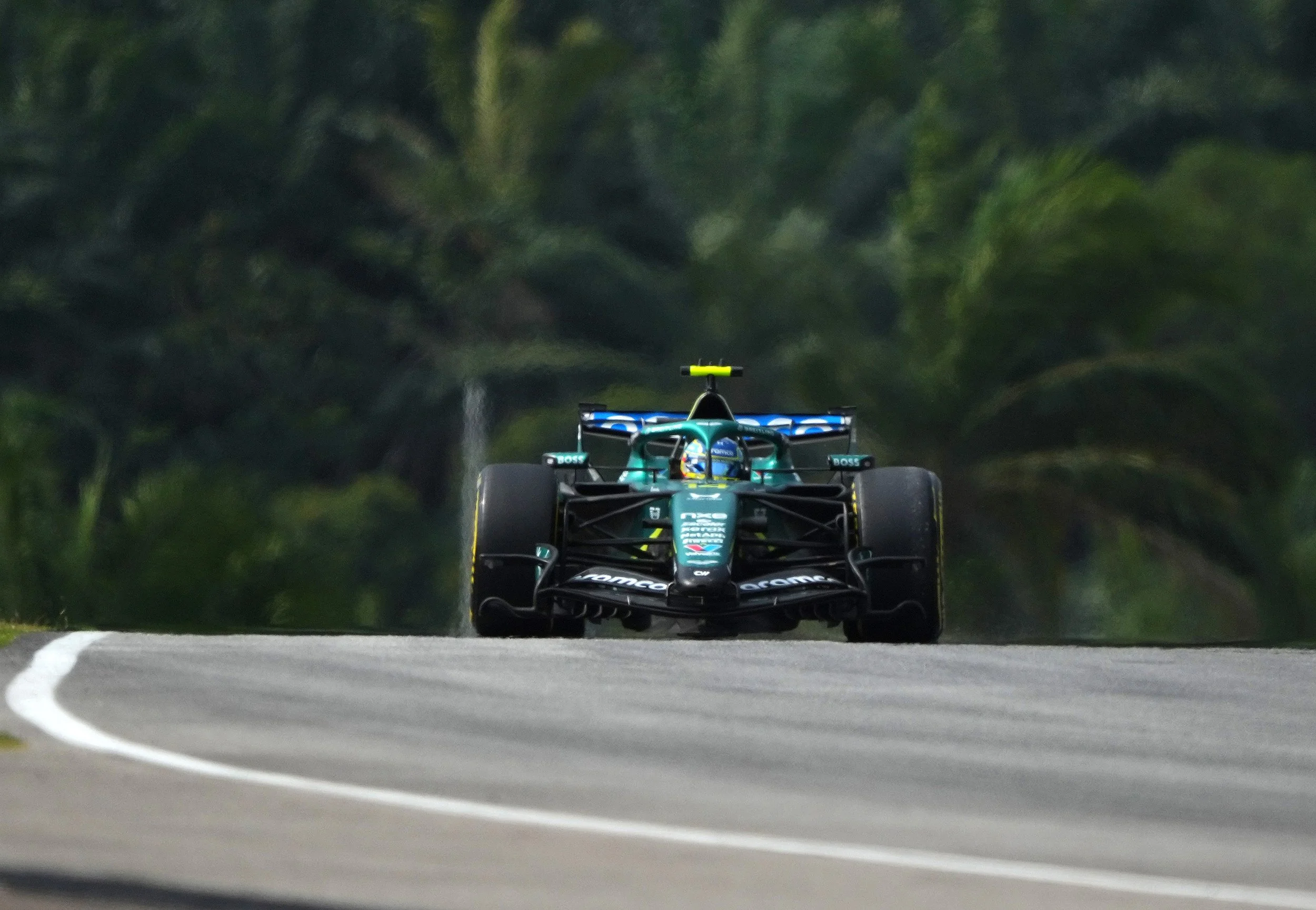 A black and green racing car driving on a road surrounded by lush green trees.