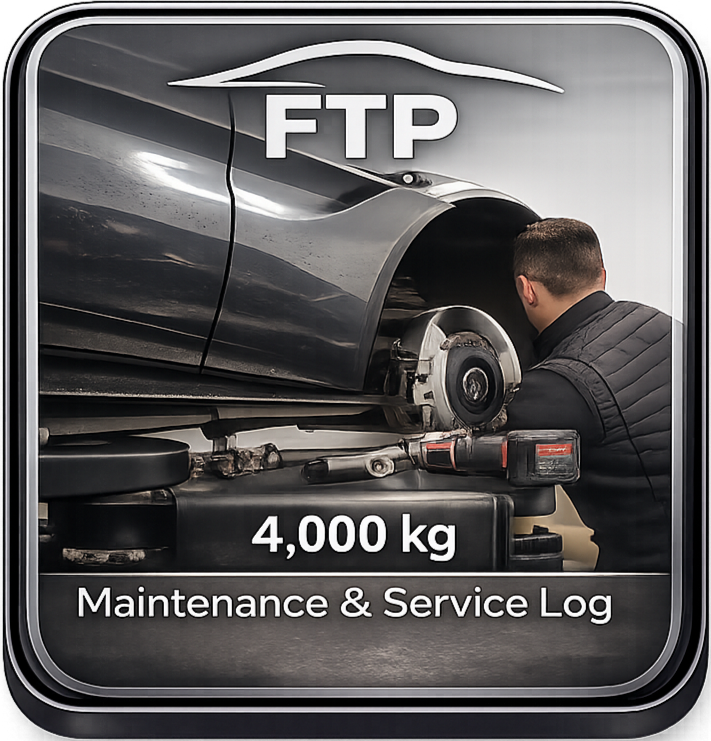 A man inspecting a car's brake system in a garage with an overlay of GPS-style information, including FTP, 4,000 kg, and Maintenance & Service Log.