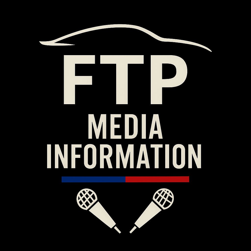 Logo with the text 'FTP Media Information' and two microphones at the bottom, a stylized car outline above, and a color bar of blue, white, red below the text.