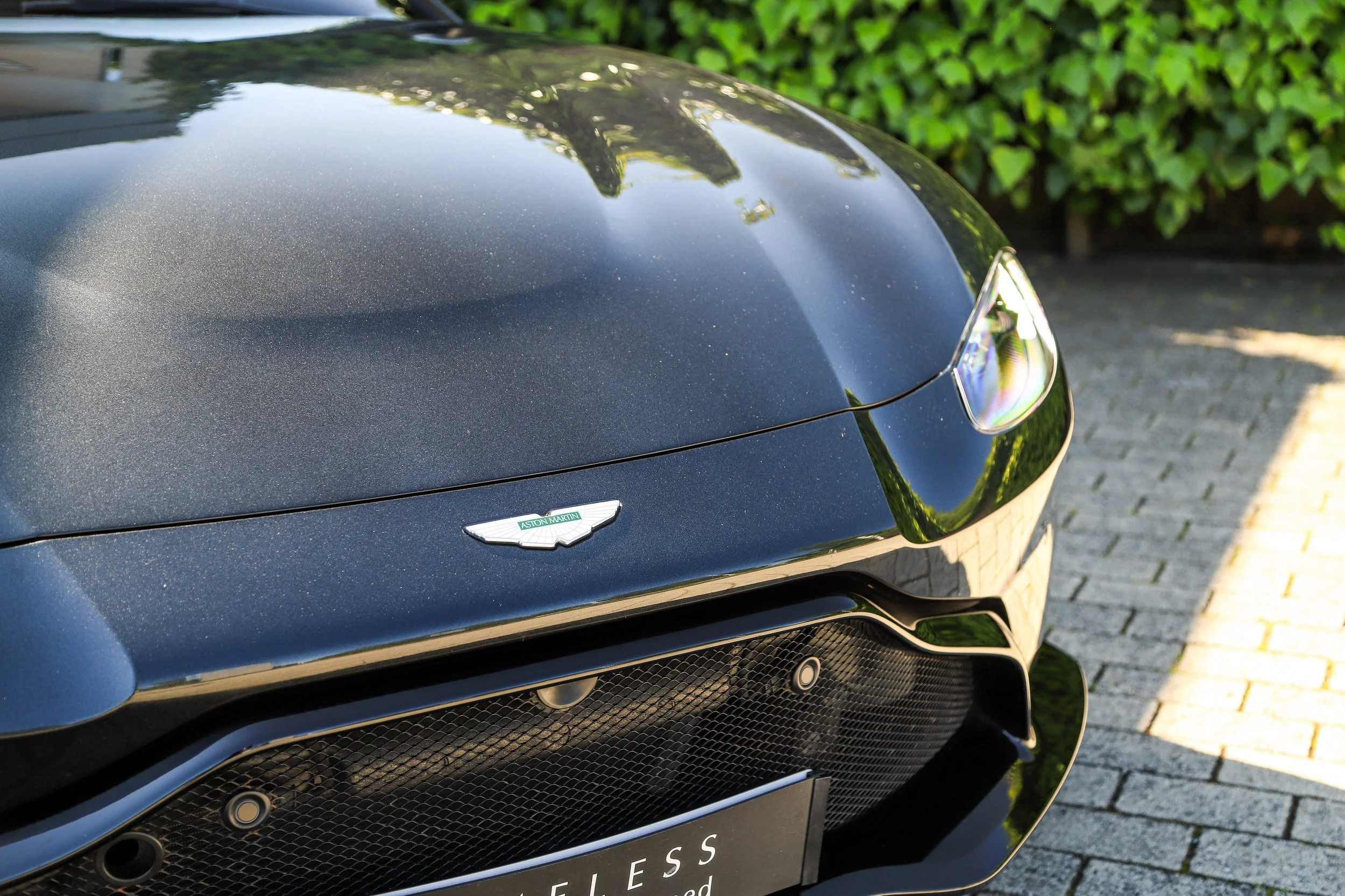 Close-up of a black Aston Martin car's front, showing the hood, grille, and part of the headlight with a green bush in the background.