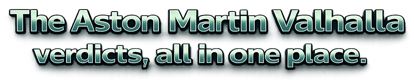 Text that reads, 'The Aston Martin Valhalla verdicts, all in one place.' with a dark background and shadowed greenish font.