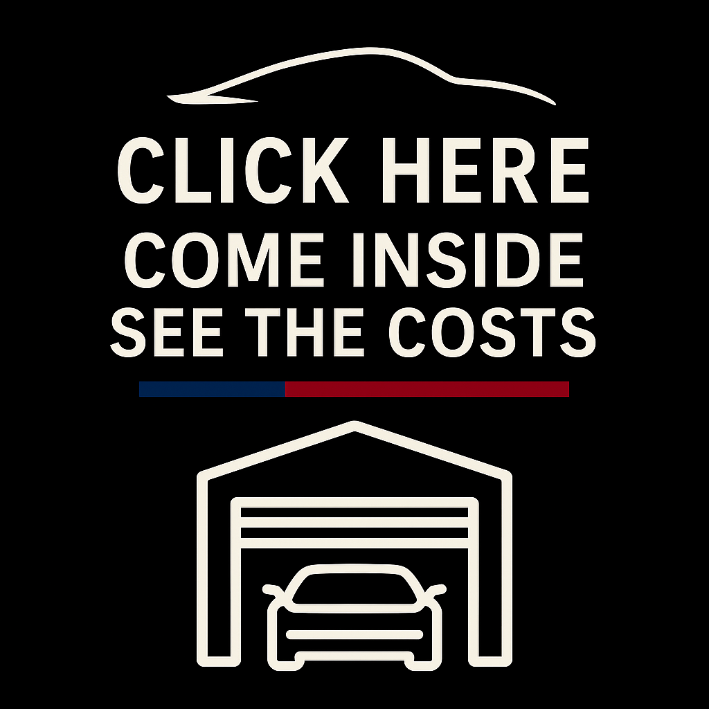 Sign with text "Click here, come inside, see the costs" and a graphic of a garage with a car inside.