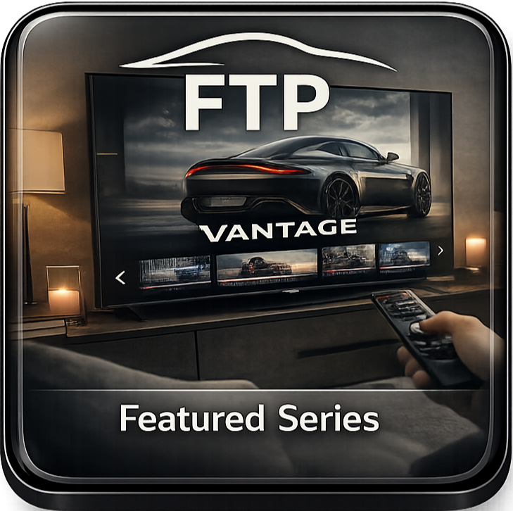 A person uses a remote control to browse a series of images of a black luxury sports car on a TV screen, with the text 'FTP Vantage' and 'Featured Series' displayed.