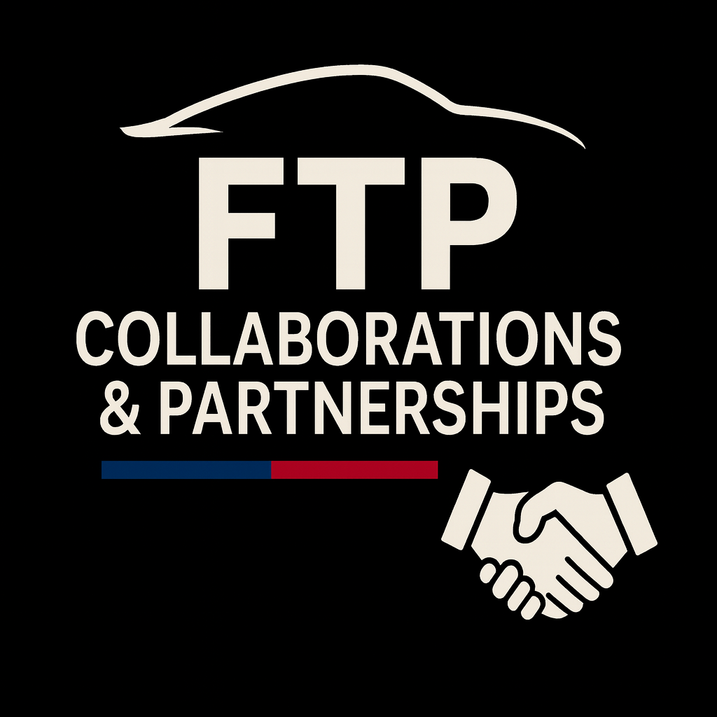 Logo for FTP Collaborations & Partnerships featuring a featuring a car outline, large text 'FTP', and a handshake symbol on a black background.