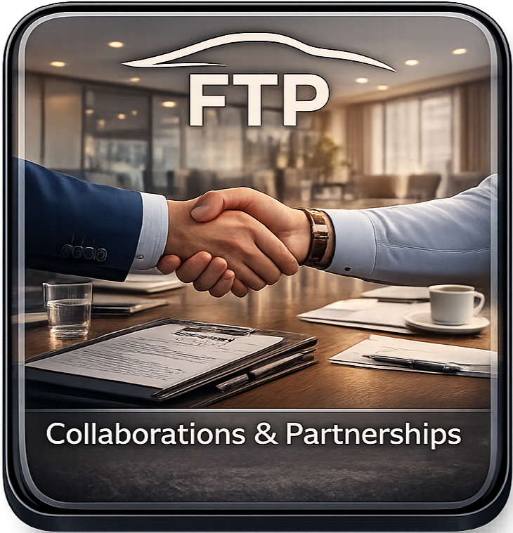 Two people shaking hands across a table with documents, a glass of water, a cup and a pen, in a modern office setting, with the text 'FTP' and 'Collaborations & Partnerships' overlayed.