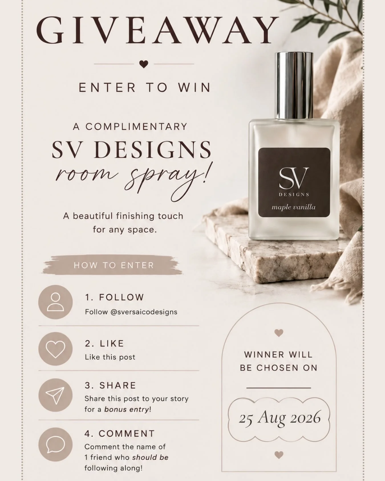 A little something for your space. 🖤

To celebrate SV Designs, I&rsquo;m giving one of you the chance to win a complimentary SV Designs room spray in the Maple Vanilla scent &mdash; a simple finishing touch to make your space feel even more inviting
