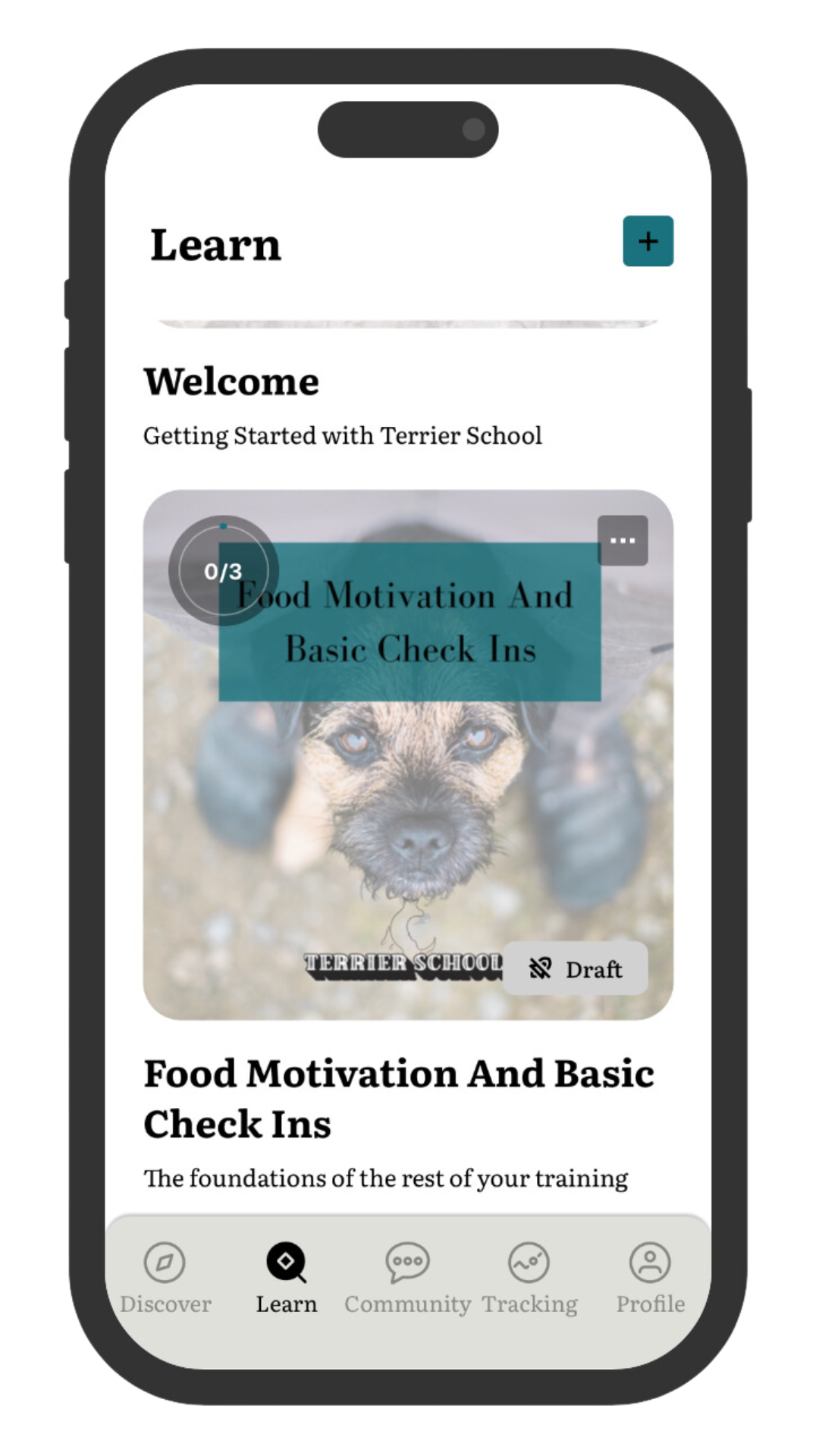 Mobile phone displaying a pet training app with a course titled "Food Motivation And Basic Check Ins" featuring an image of a dog.