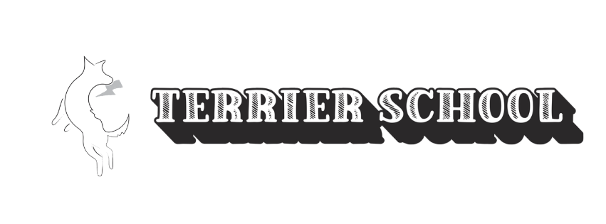 Logo for Terrier School featuring a black and white illustration of a jumping terrier dog with the text 'Terrier School' in bold white letters.