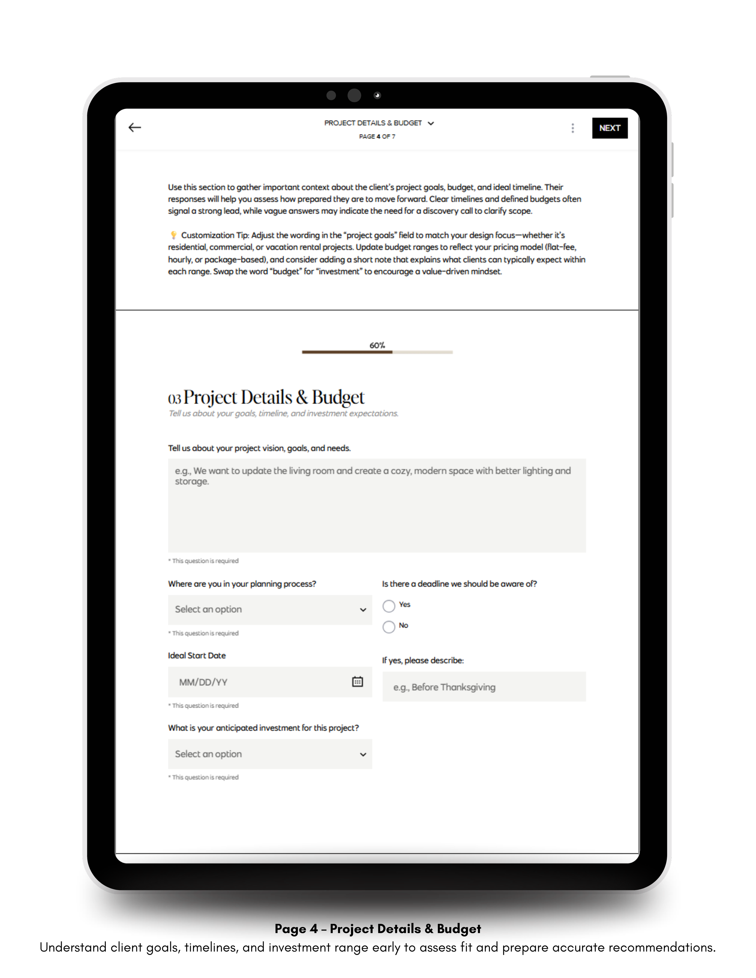 Tablet screen showing the Project Details & Budget section of the Interior Design Inquiry Questionnaire with goals, timeline, and budget fields.