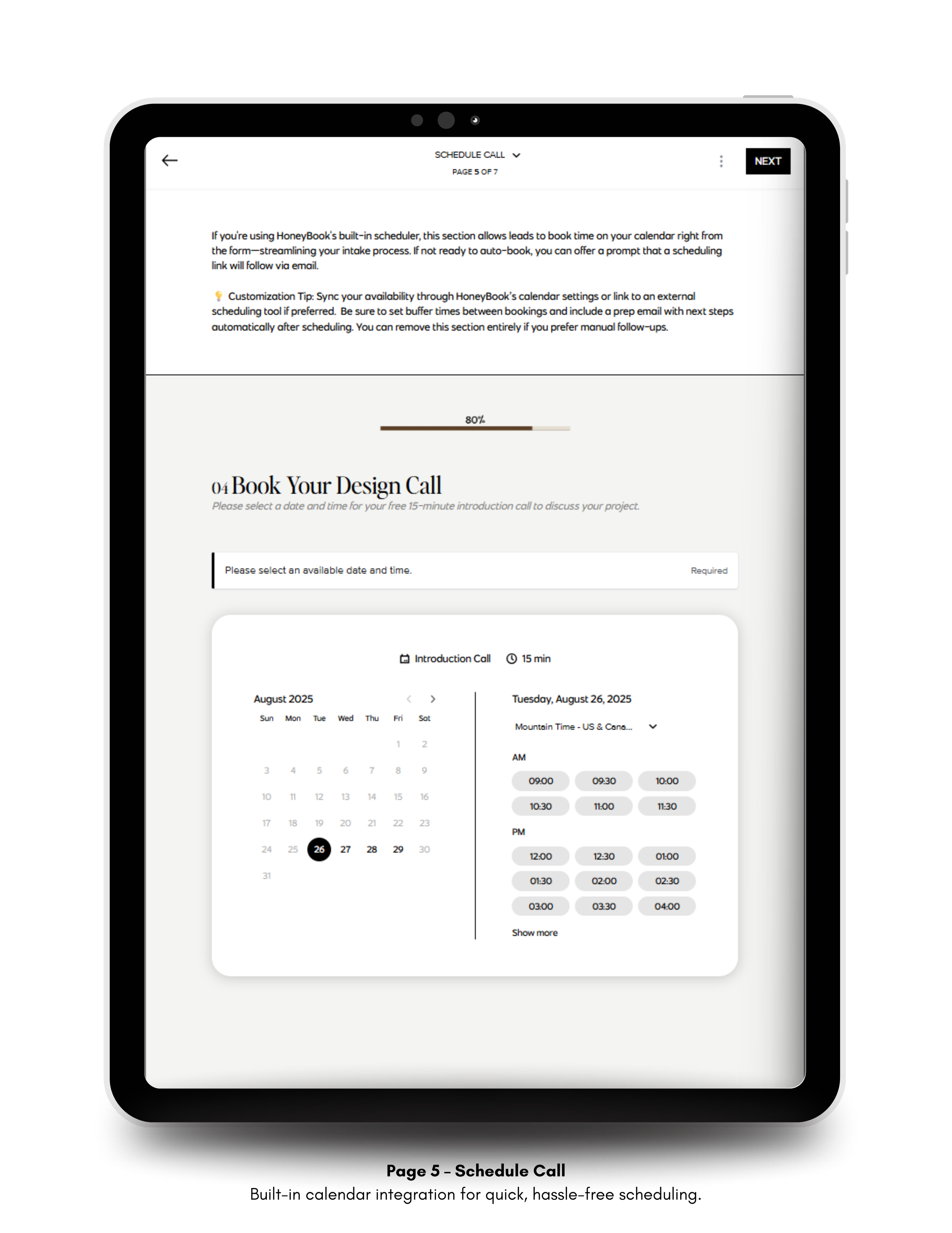 Tablet displaying the scheduling page of the HoneyBook Inquiry Template, allowing clients to book an introduction call directly from the form.