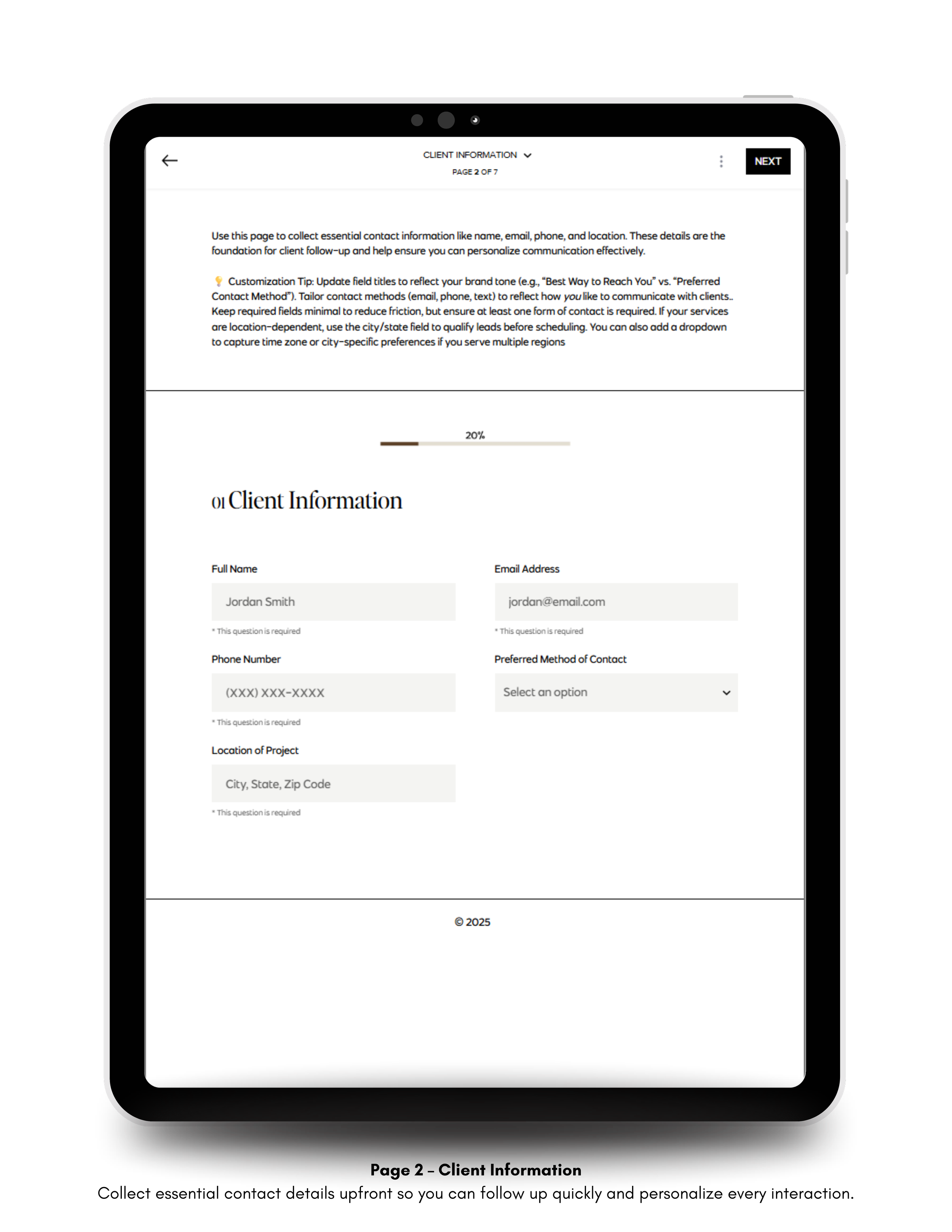 Tablet view of the Client Information section of the HoneyBook Smart File, with fields for name, email, phone, and project location.