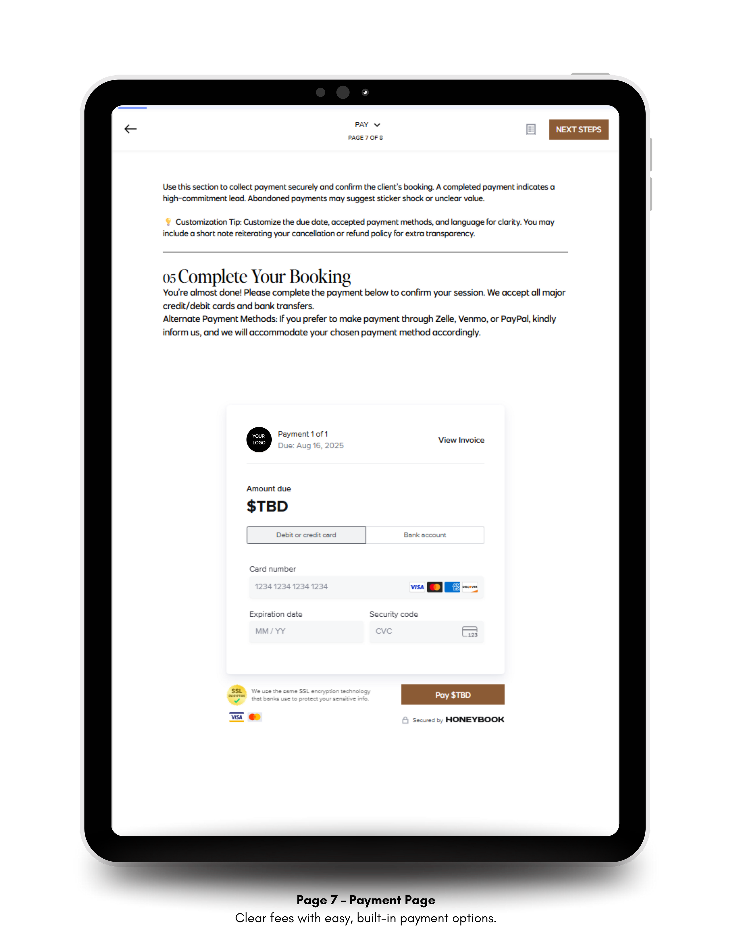 Tablet view of the secure payment page of the Interior Design Consultation Booking Form template with invoice details and payment fields.