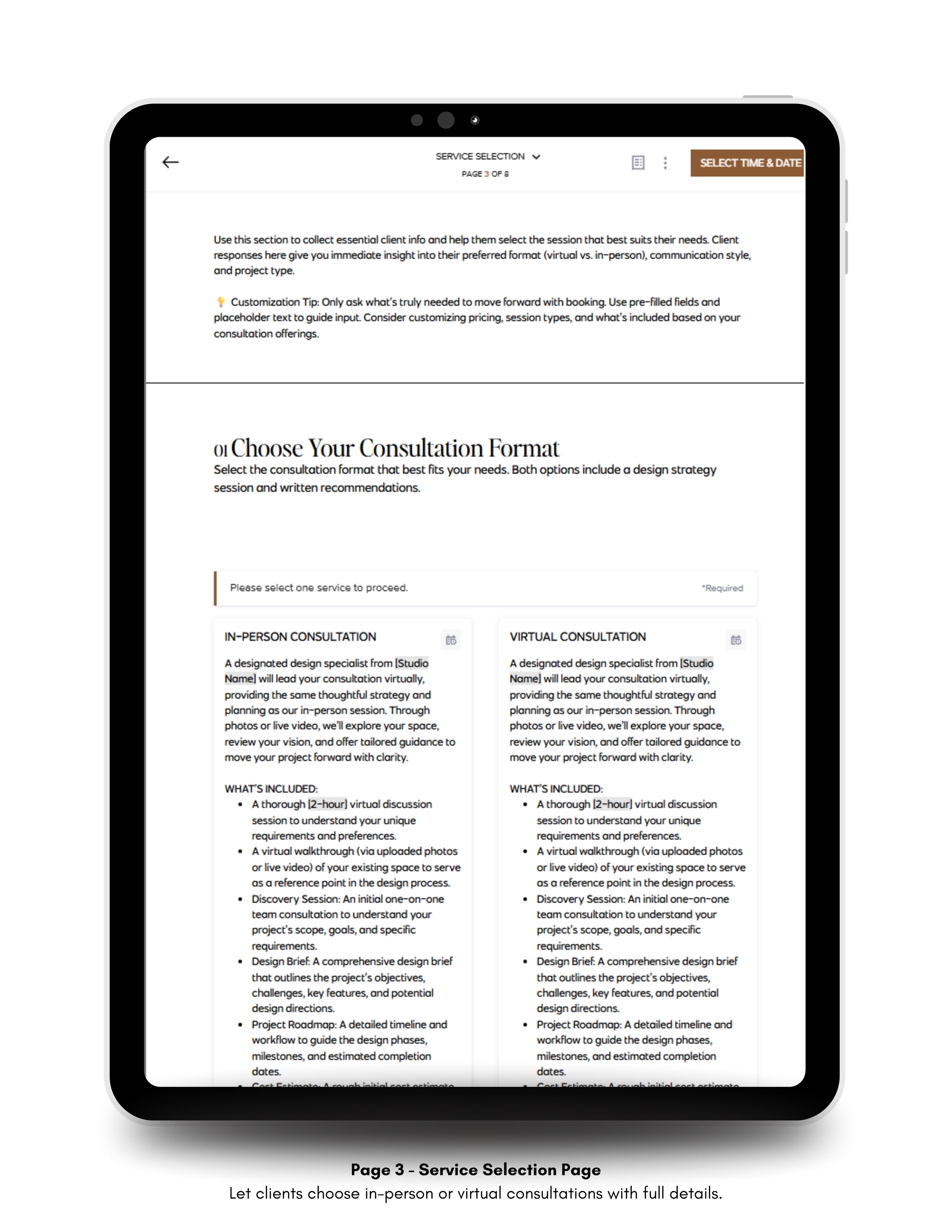 Tablet displaying the consultation format selection page of the HoneyBook template with options for in-person and virtual consultations.