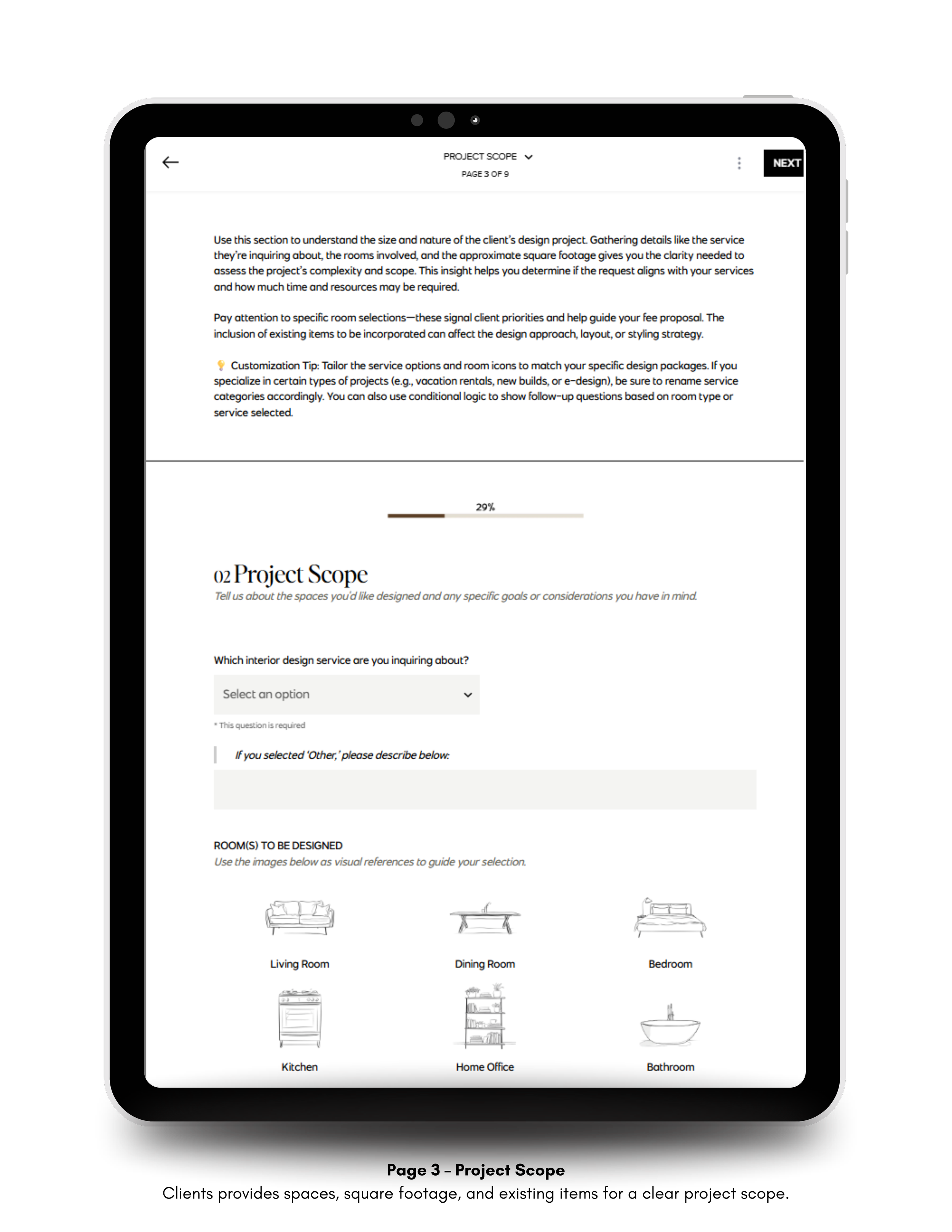 Tablet displaying the Project Scope section of the Design Consultation Prep Questionnaire with service type dropdowns and room selection icons.