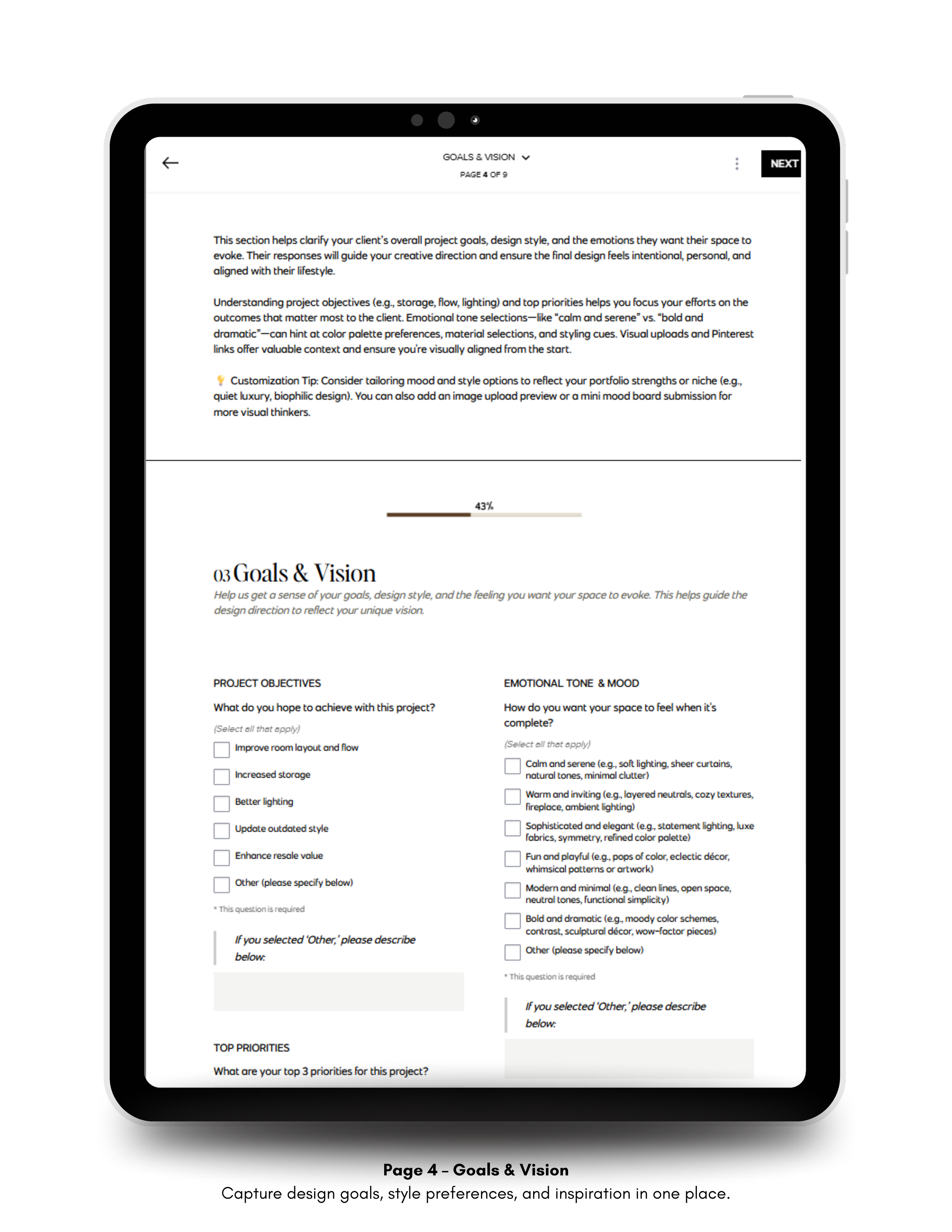 Tablet view of the Goals & Vision section of the Design Consultation Prep Questionnaire with checkboxes for objectives, mood, and emotional tone.