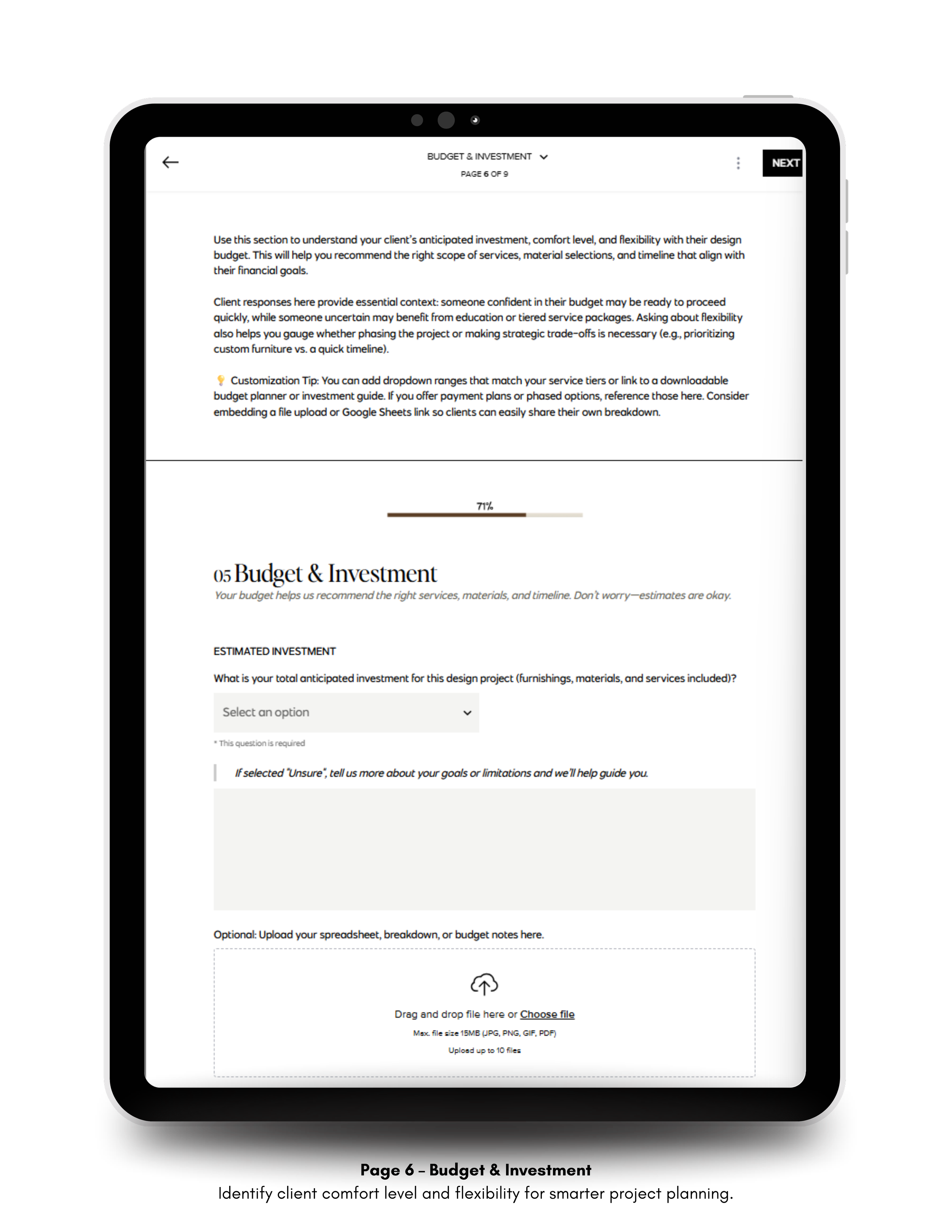 Tablet showing the Budget & Investment page of the Design Consultation Prep Questionnaire HoneyBook template with dropdowns and file upload options.