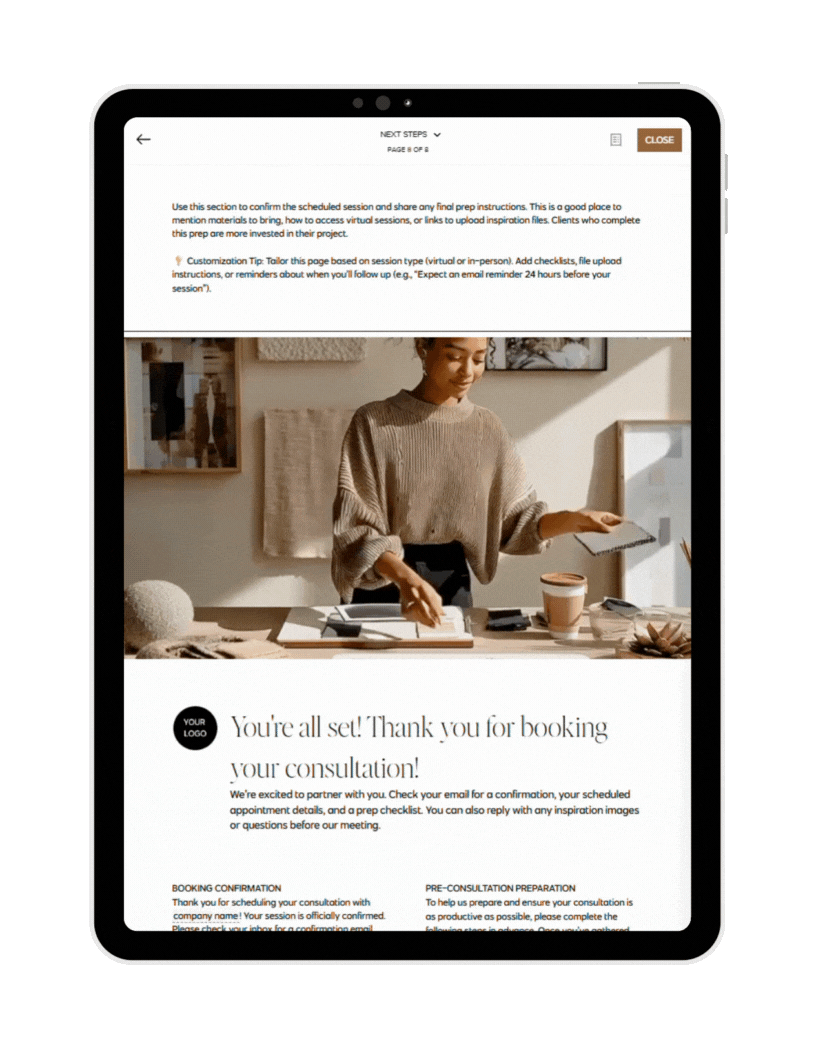 Tablet showing the confirmation page of the Interior Design Consultation Booking Form HoneyBook template with a client-friendly thank-you message and preparation details.