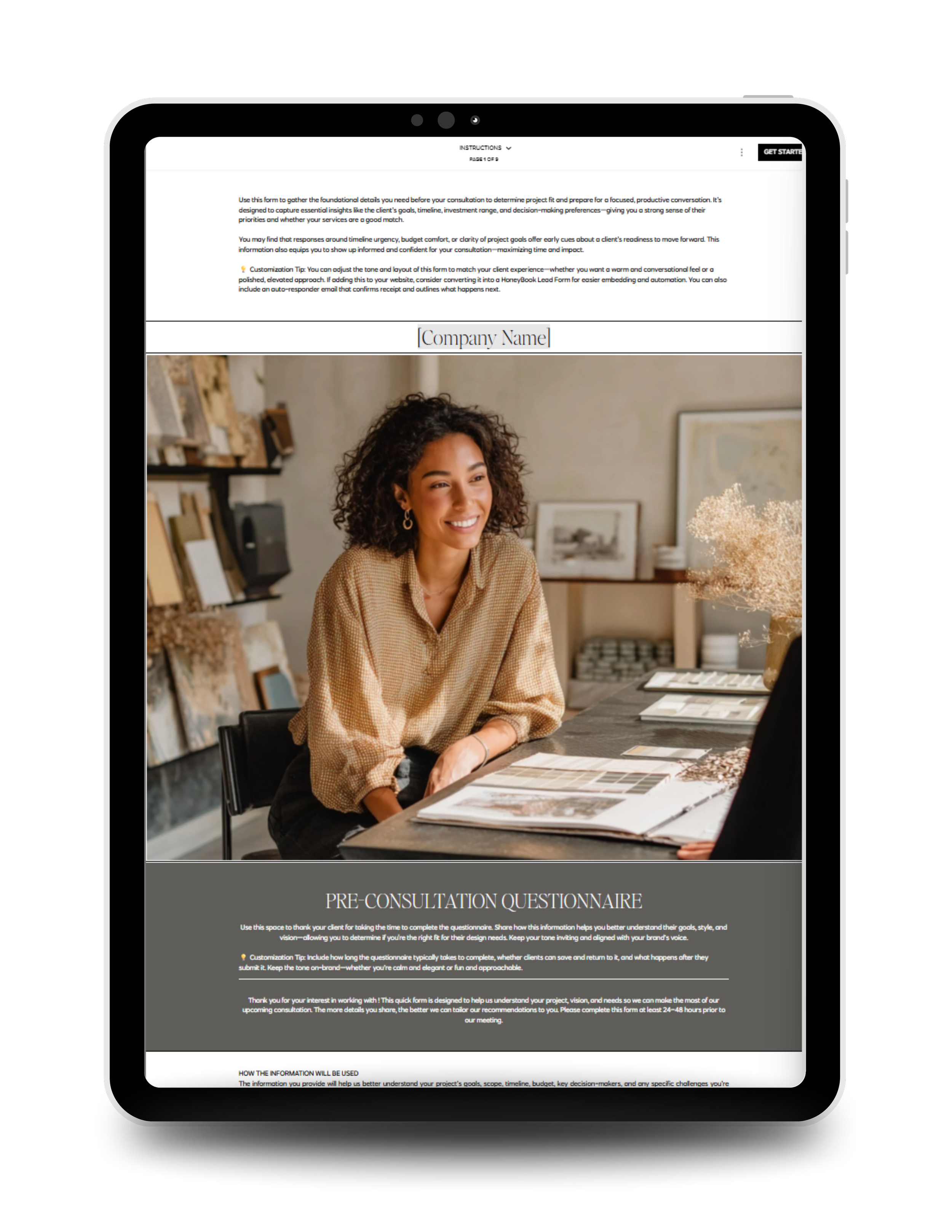 Tablet showing the introduction page of the Design Consultation Prep Questionnaire with brand messaging and a lifestyle photo of a designer meeting.