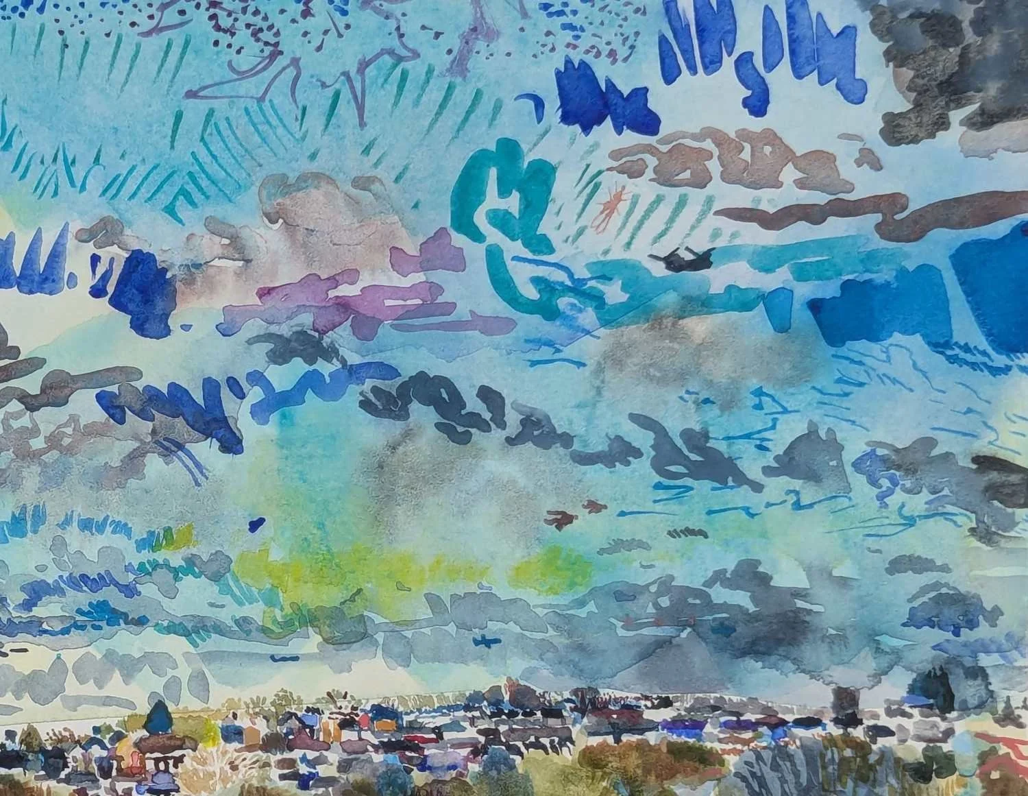 Watercolour by Alexandra Blum depicting sky with winged insect and chinook