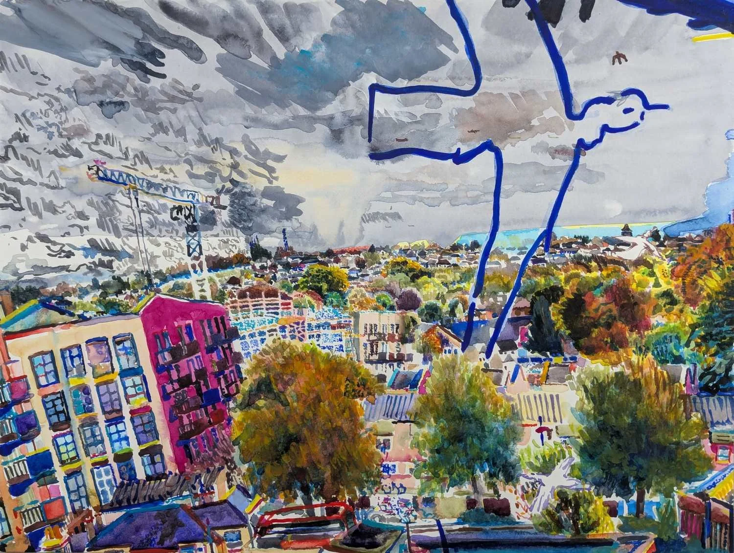 Watercolour by Alexandra Blum with bird in flight over trees taking on autumn colours alongside building site and cranes grey cloudy sky