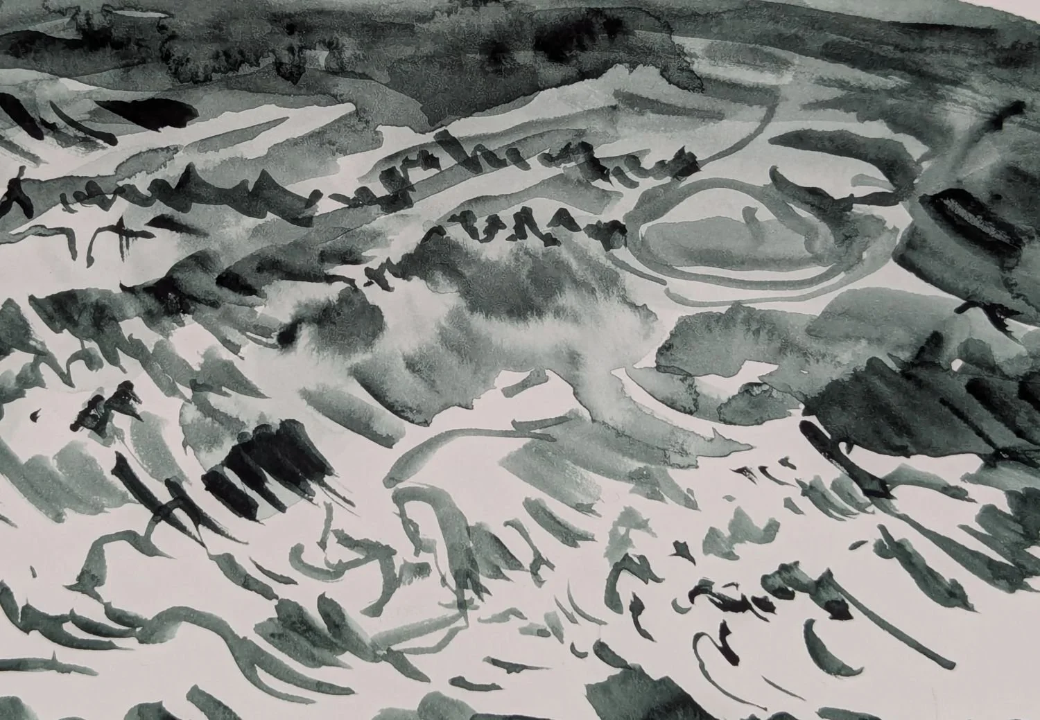 Detail of watercolour by Alexandra Blum of varied speeds of water swirling under Thames Barrier on ebbing tide