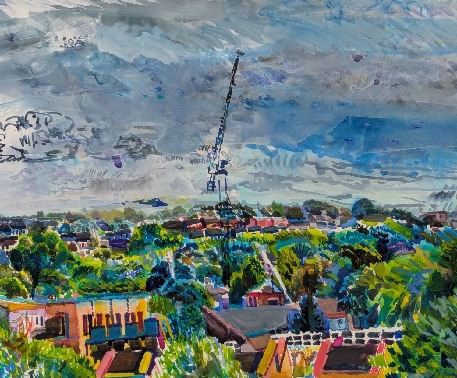 Detail of watercolour by Alexandra Blum focusing on juxtaposition crane and rain drop in urban forest in south east London