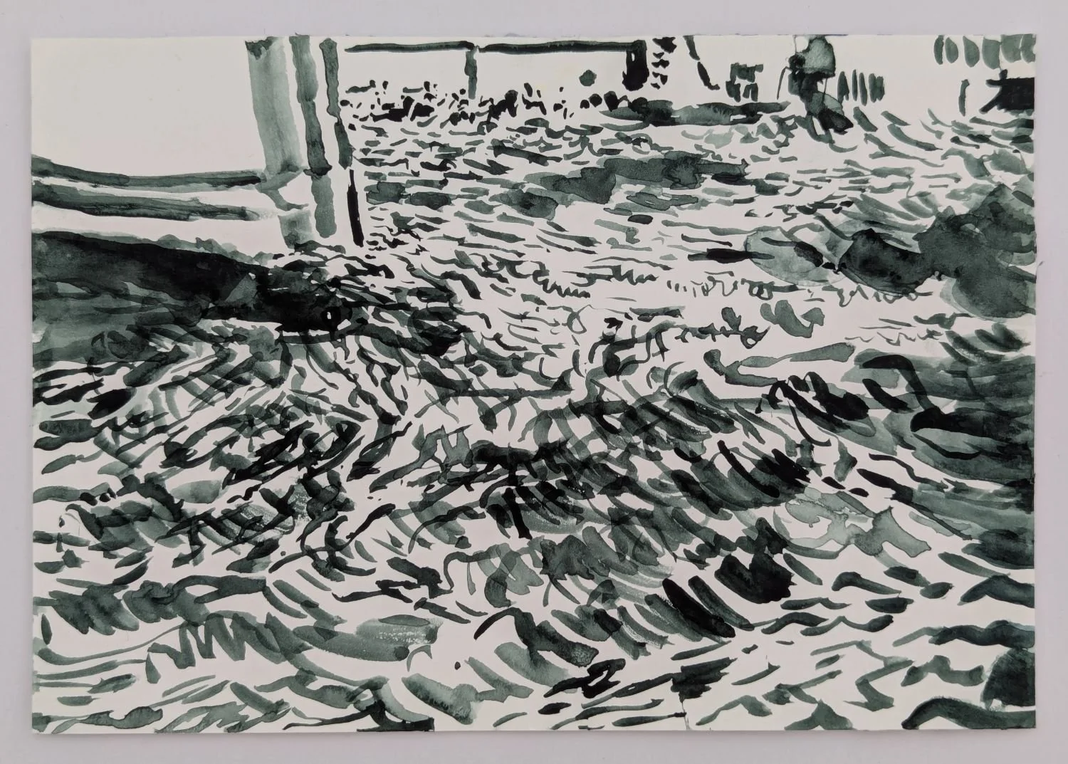 Watercolour drawing by Alexandra Blum of light reflecting on water as it moves under Thames Barrier London