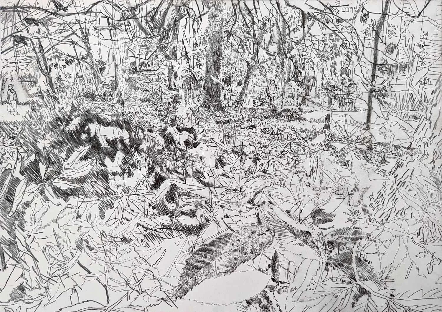 Graphite drawing by Alexandra Blum of dogs running through deep autumn leaves on Laycock Green London