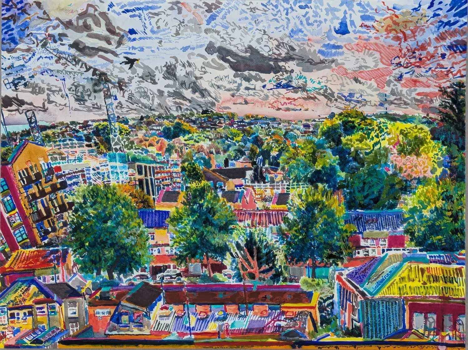 Watercolour by Alexandra Blum trees losing their colour buildings growing sky darkening