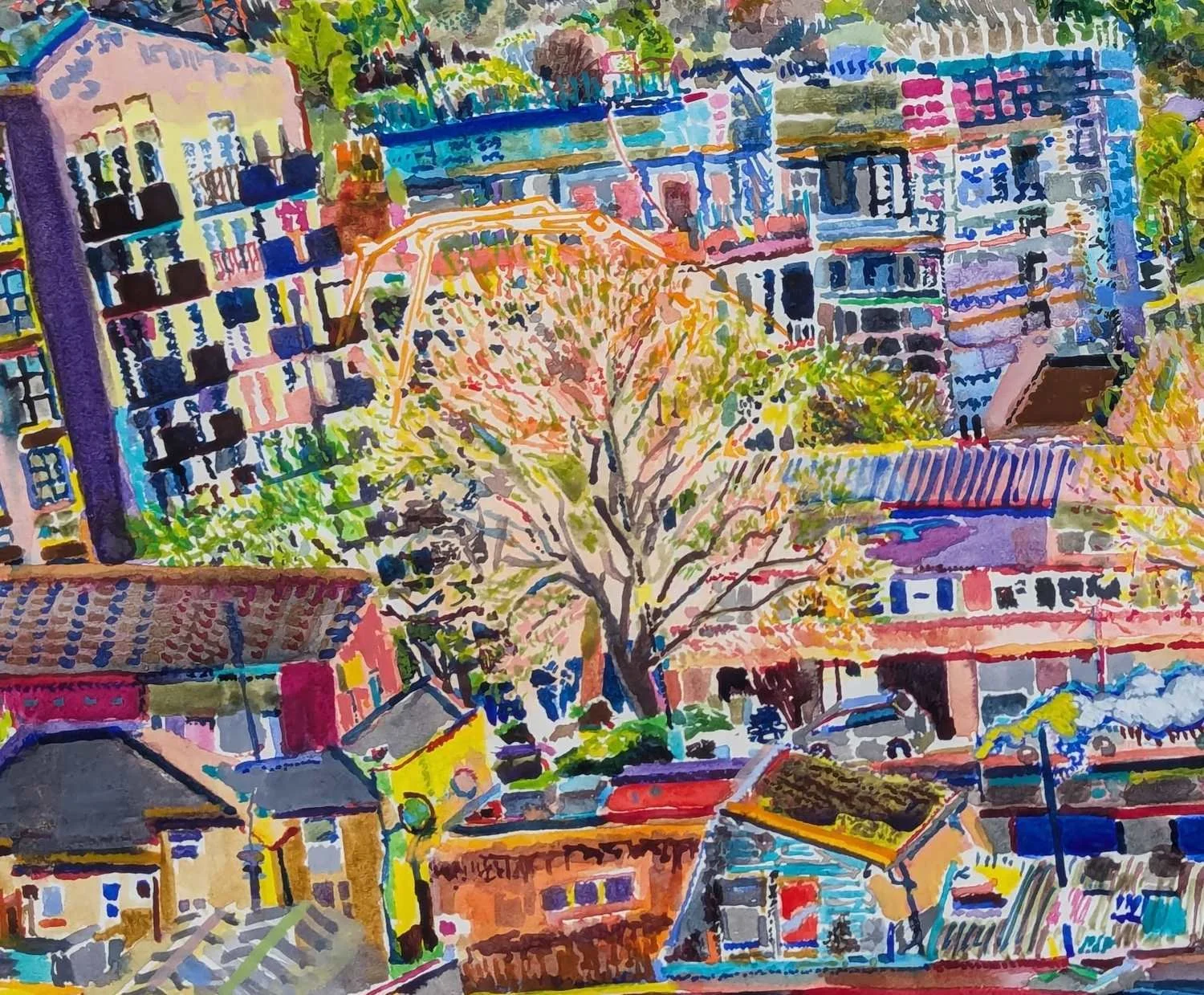 Watercolour by Alexandra Blum close up of tree with pink glow from bud scales a midst London street building site behind and urban forest on Shooters Hill London