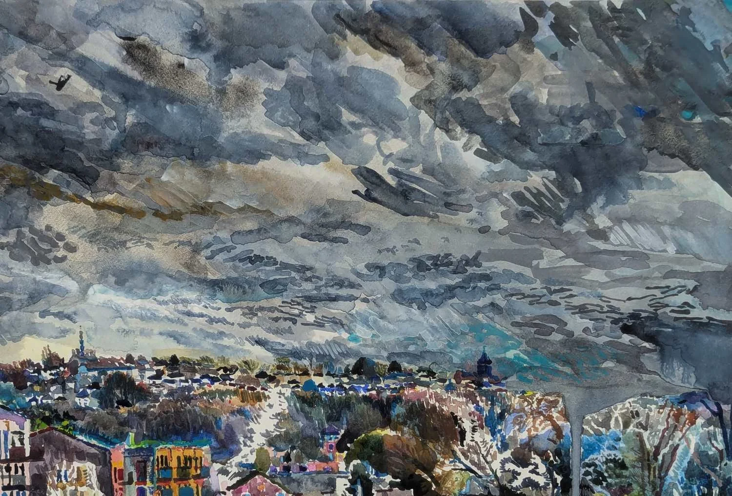 Watercolour by Alexandra Blum with rainy winter sky over urban forest leading up to Shooters Hill London