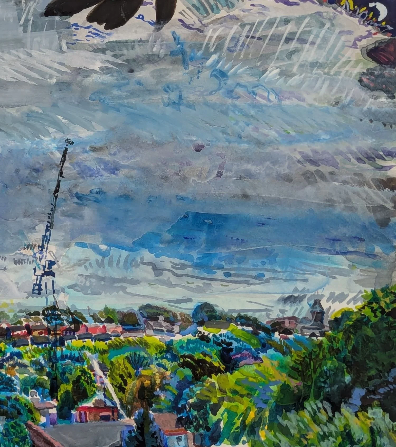 Detail of watercolour by Alexandra Blum focusing on overcast sky over urban forest with moon in top right and a bird flying out of upper edge of image