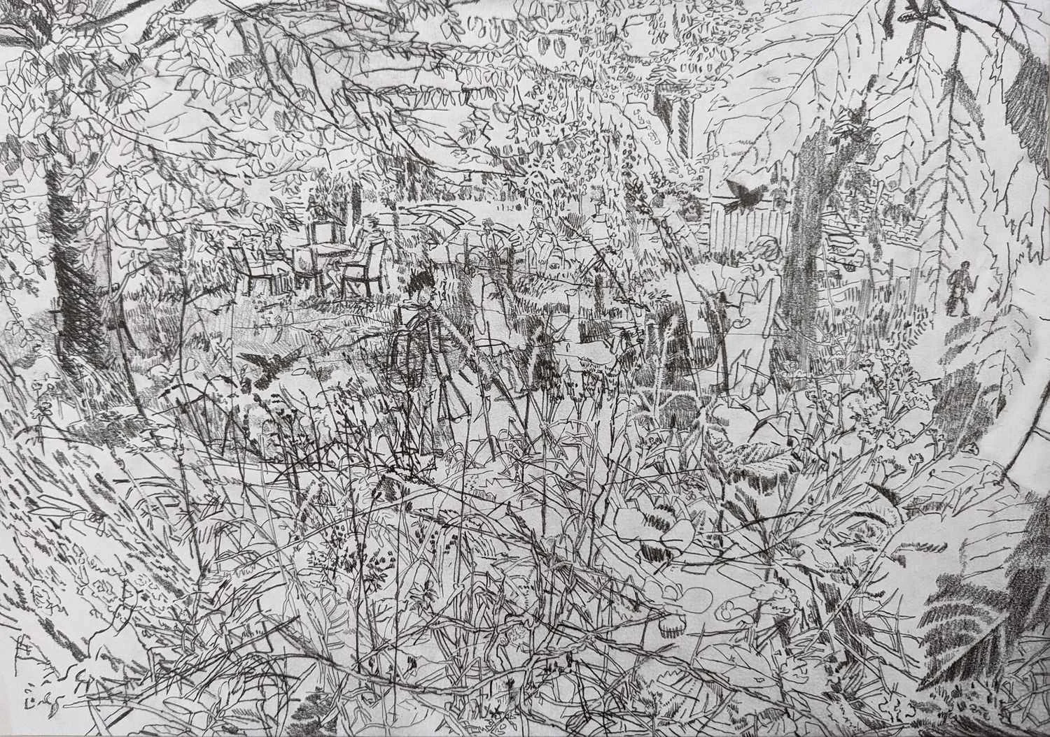 Graphite drawing by Alexandra Blum late summer Laycock Green Islington London