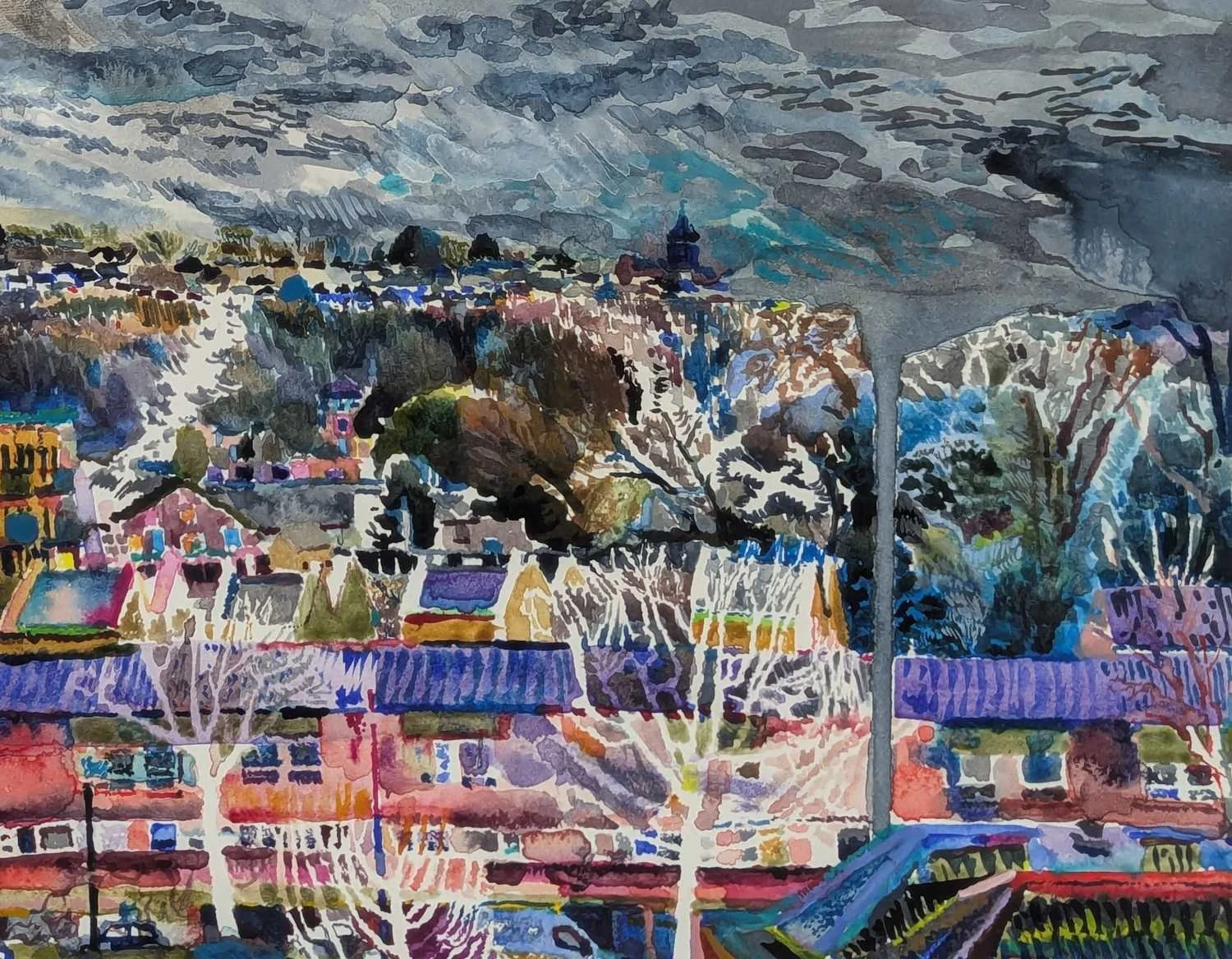 Watercolour by Alexandra Blum rain pouring onto buildings and urban forest near Shooters Hill London