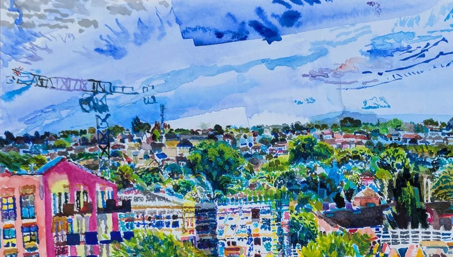 Watercolour by Alexandra Blum close up of dense buildings on horizon of Shooters hill with trees in full summer leaf and blue summer sky