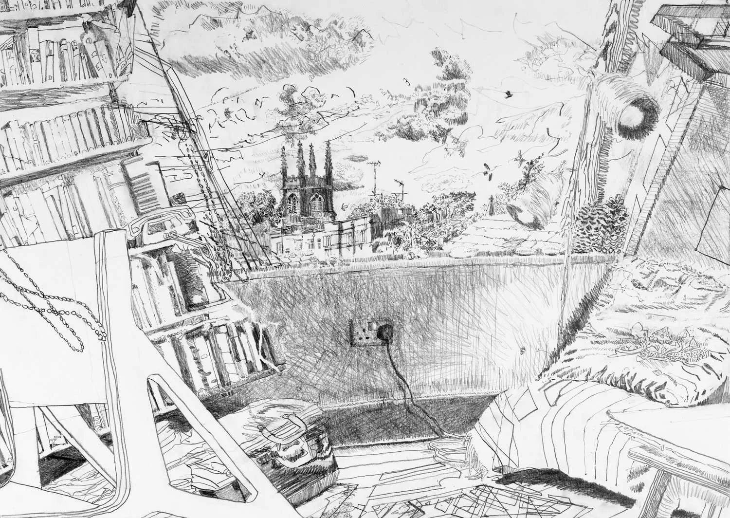 HOme_IV_graphite drawing by Alexandra Bllum of interior flat and view through window to city beyond