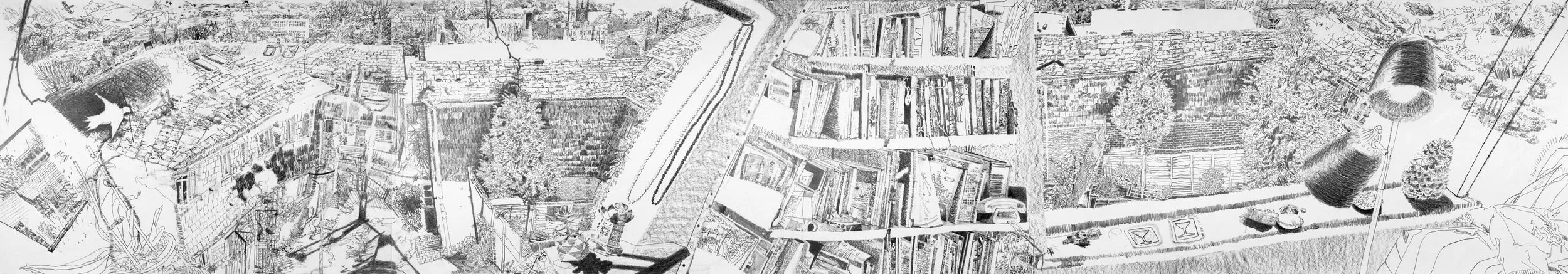 Home panorama graphite drawing of view from window overlooking north London by Alexandra Blum